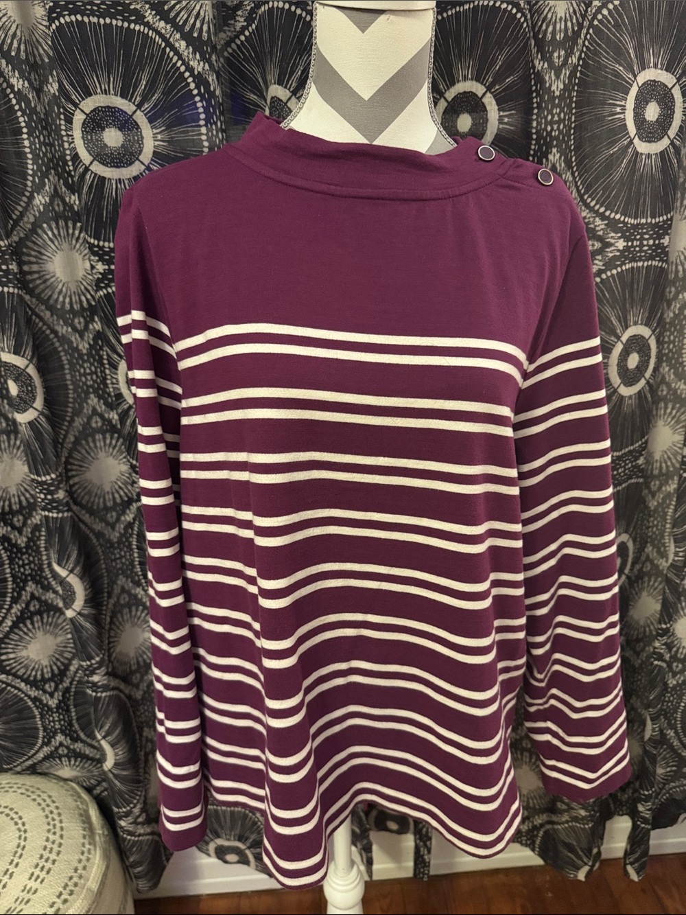 Talbots Plum & White Striped Knit Top with Button Shoulder Size XL